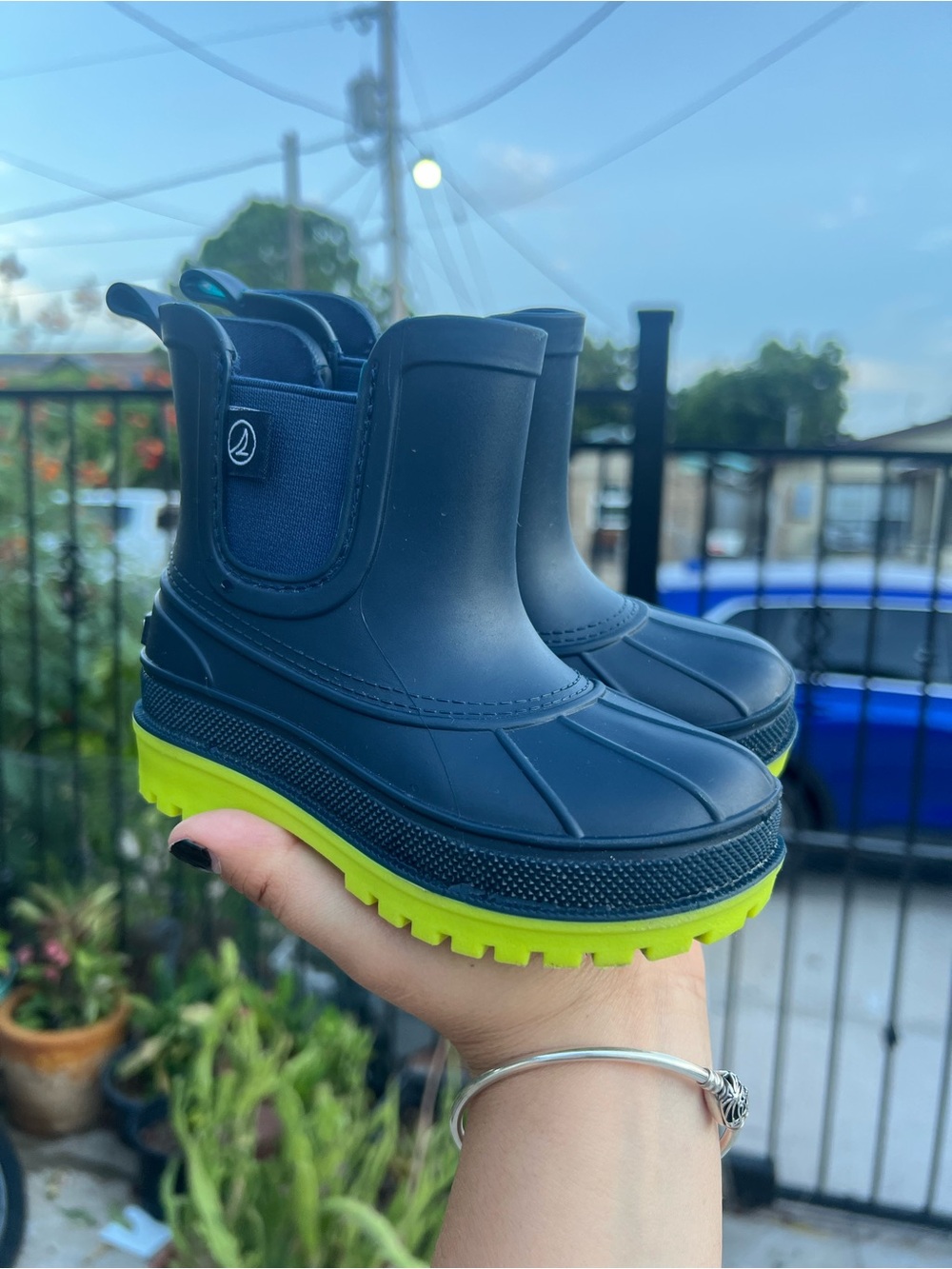 Sperry Navy and Lime Kids Waterproof Rain Boots